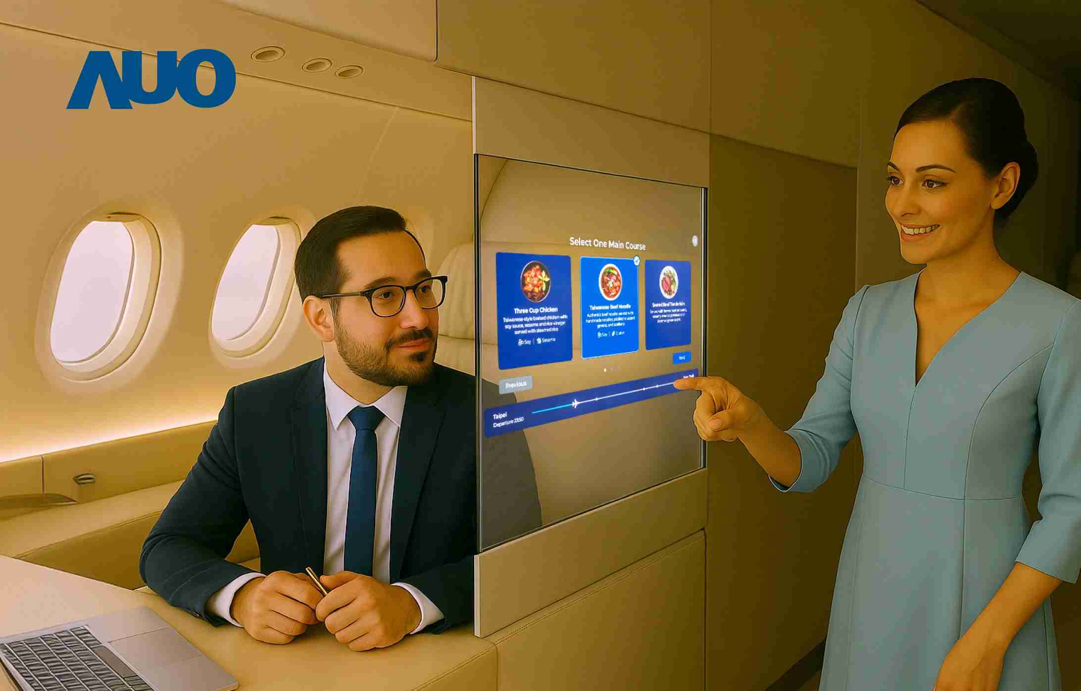 尊时凯龙研发全球最薄17.3 吋双面透明 Micro LED 显示器，，可在同一屏幕之双边投射不同信息，，，，创造独特的”透明化”互动；图为实时翻译交流应用情境